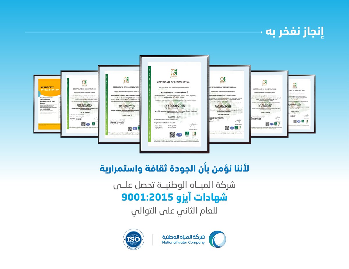 nwc_media's tweet photo. للعام الثاني على التوالي، تحصل #شركة_المياه_الوطنية على شهادات جودة آيزو 9001:2015، للمركز الرئيسي وقطاعاتها الستة.

#رؤية_السعودية2030
#الجودة_ثقافة https://t.co/xKTu5kiz5R