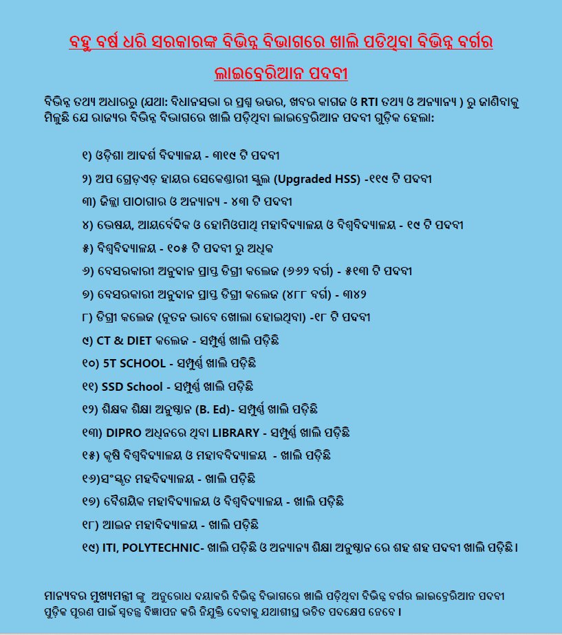 Tukuna7064's tweet photo. @CMO_Odisha @MohanMOdisha ଲୋକଙ୍କ ସରକାରରେ ପୂରଣ ହେଉଛି ପ୍ରତିଶ୍ରୁତି ,ହେଲେ ପୂରଣ ହୋଇପାରୁନି #Library ଓ #Librarian ଙ୍କ 
ପ୍ରତିଶ୍ରୁତି, ରାଜ୍ୟରେ ସମସ୍ତ ସ୍କୁଲ , କଲେଜ ,ୟୁନିଭରସିଟି ଆଦର୍ଶ ବିଦ୍ୟାଳୟ ଗୁଡିକରେ ହଜାର ହଜାର ସଂଖ୍ୟାରେ ବିଭିନ୍ନ ବିଭାଗରେ ବିଭିନ୍ନ ବର୍ଗ ଗ୍ରନ୍ଥାଗାରିକ ପଦବୀ ଗୁଡିକ ଖାଲି ପଡ଼ିଛି  ,#Nep2020 
#Recruit_Libraian https://t.co/Xvcu1gnpXp