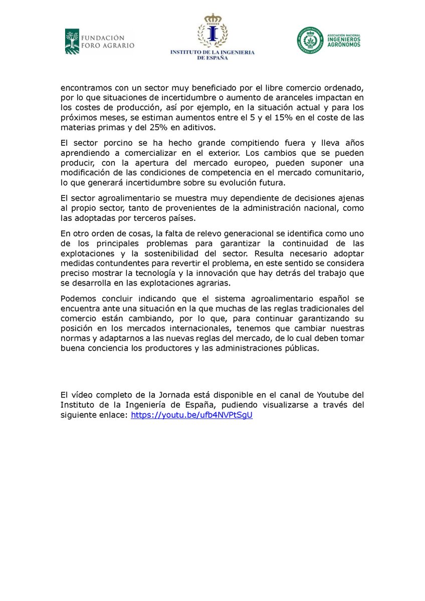 Conoce las principales conclusiones de la jornada "Los condicionantes del comercio agroalimentario español en los mercados nacional e internacional?" que celebramos en Madrid el pasado 9 de septiembre junto a <a href="/ANIAagronomos/">ANIA - Asociación Nacional de Ingenieros Agrónomos</a> e <a href="/Ingenieria_Esp/">Instituto de la Ingeniería de España</a> 

📺Completo:

youtube.com/live/ufb4NVPtS…