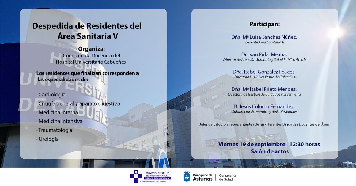 🏥El <a href="/CAHU_Area_V/">CAHU Área Sanitaria V</a> acogerá este viernes 19 de septiembre, un acto de despedida para los especialistas en formación que finalizan su periodo de residencia este año, organizado por la Comisión de Docencia del Hospital.
📆Viernes 19
🕜12:30 horas
📍Salón de actos del Hospital