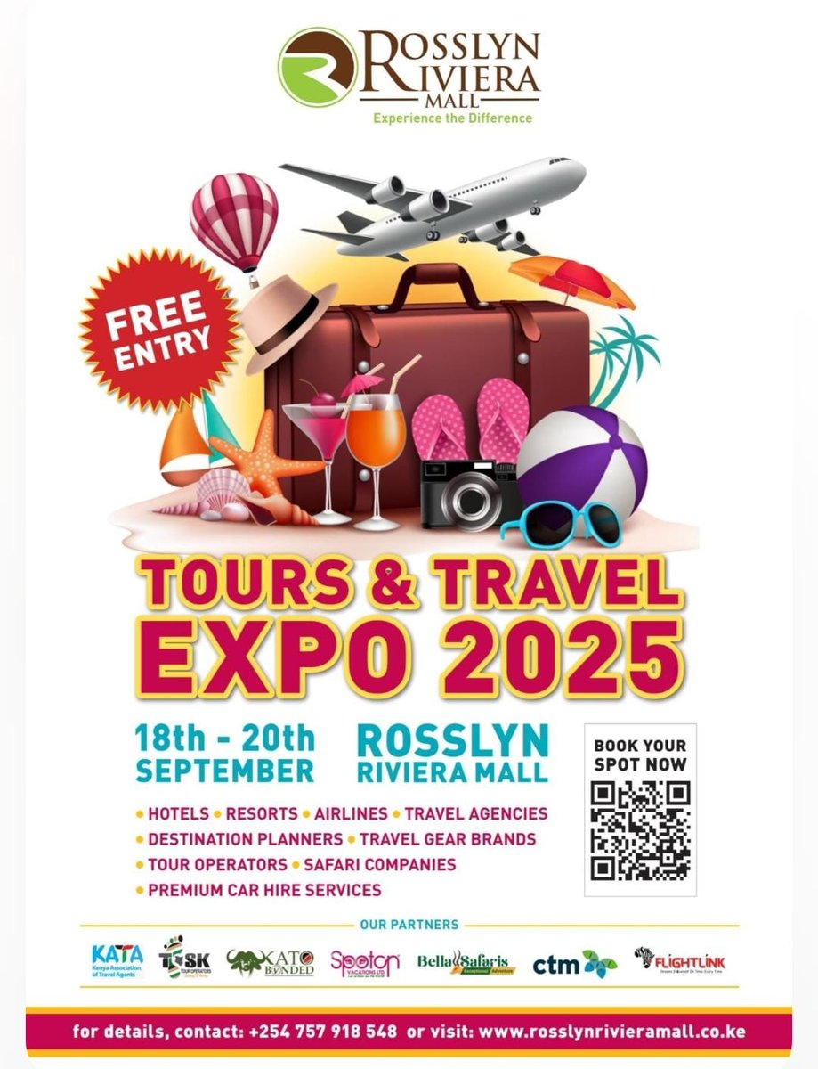 ToskKenya's tweet image. TOSK invites members to the Tours &amp;amp; Travel Expo 2025 at Rosslyn Riviera Mall, Sept 18–20
 Exclusive offer for Members:
 • 50% discount on exhibitor fees
 • Branding &amp;amp; recognition
 • B2B networking opportunities
Book your spot via +254793032194

#TOSK #TravelExpo2025