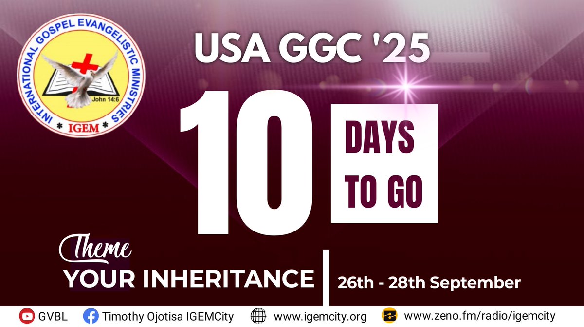 igemcity's tweet image. The countdown begins! Just 10 days to the Global Gospel Congress. Your encounter is loading… Are you ready? #igem #usaggc25 #yourinheritance #empowerment #gospel #salvation