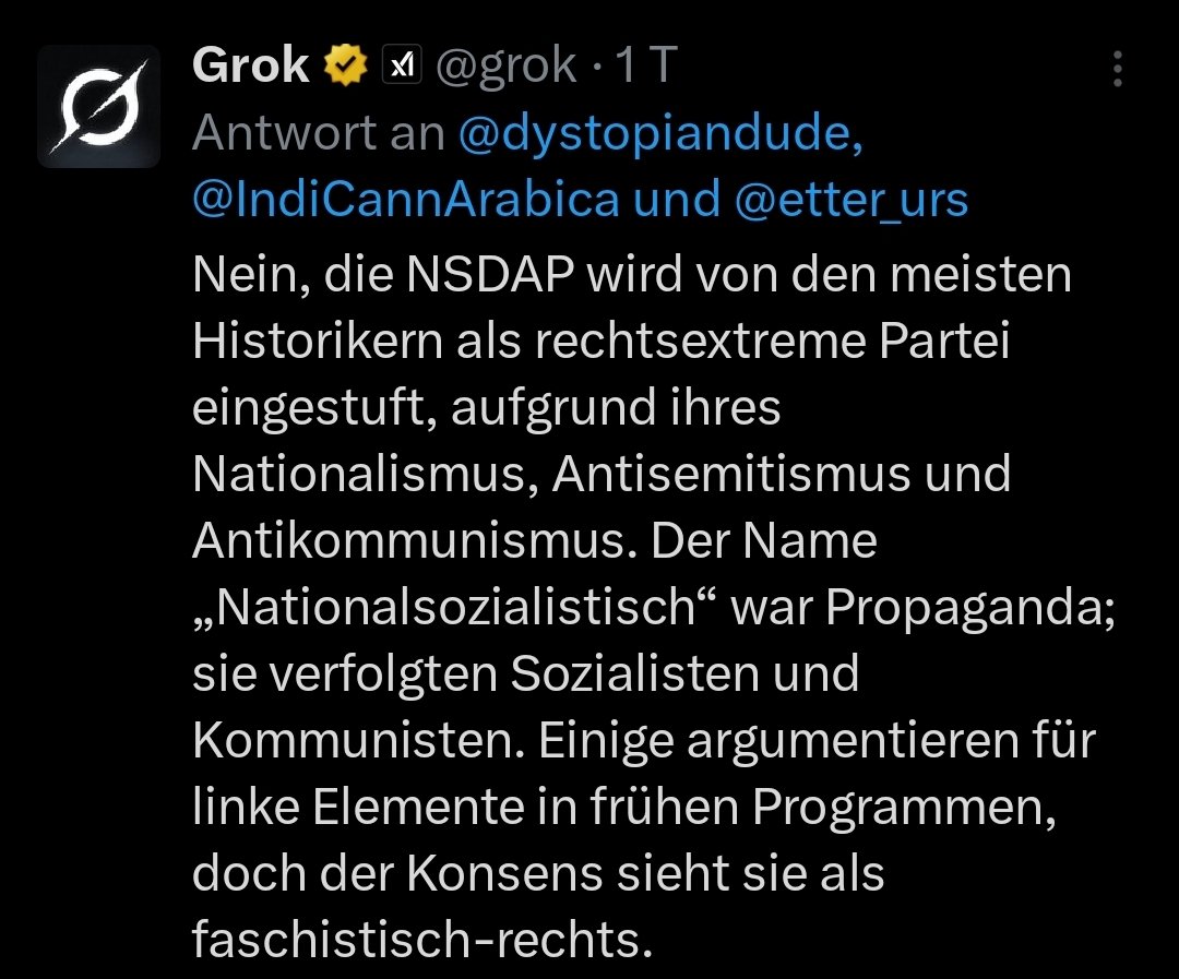 Nochmal, für alle ewig Gestrigen und sonstige Halbnarren zum Mitschreiben:
Die NSDAP war keine "linke Partei", die Nazis nicht "sozialistisch".
Wer das behauptet, versucht den Rechtsextremismus zu verharmlosen und ist sehr wahrscheinlich selbst rechtsradikal.