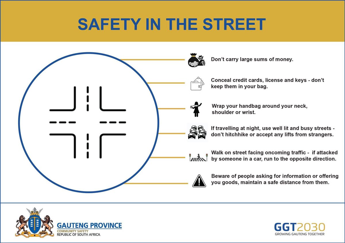 GP_CommSafety's tweet image. Avoid becoming a victim of robbery, make sure you do all you can to protect yourself from becoming a victim.

Here are some general street safety tips you can follow to help you stay safe.

#takecharge #GrowingASaferGauteng