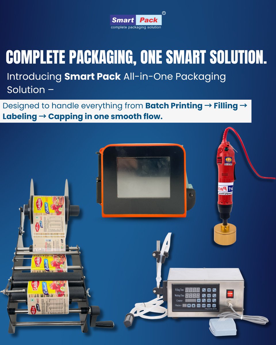 SmartPackIndia's tweet image. One machine. Endless possibilities. 🚀
From Batch Printing → Filling → Labeling → Capping – Smart Pack brings you the ultimate All-in-One Packaging Solution.
Upgrade your packaging line today! 💡
#SmartPackaging #AllInOneSolution