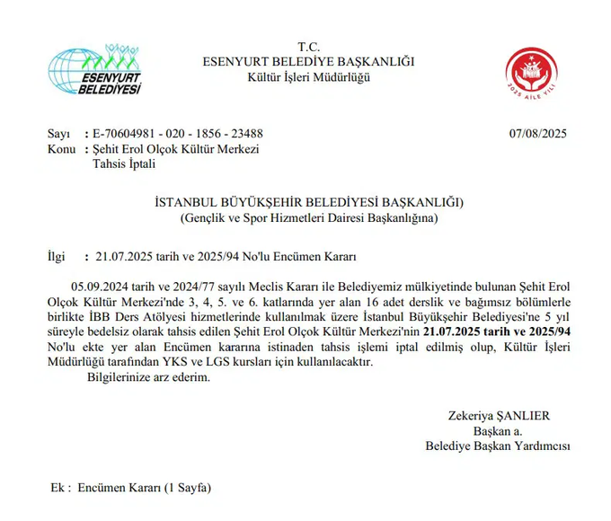 Esenyurt Belediyesi kayyumu, belediyenin tesisinde hizmet veren İBB'ye ait YKS ve LGS kurslarını kapatma kararı aldı. (Cumhuriyet)