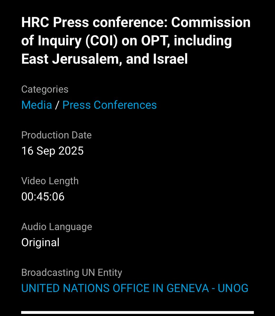 Aktuelle Pressekonferenz in Genf der vom UN-Menschenrechtsrat eingesetzten unabhängigen Untersuchungskommission zum Vorgehen von #Israel in #Gaza, Westbank und Ostjerusalem:

„The commission concluded, that Israel has committed genocide against the 🇵🇸
people…”
