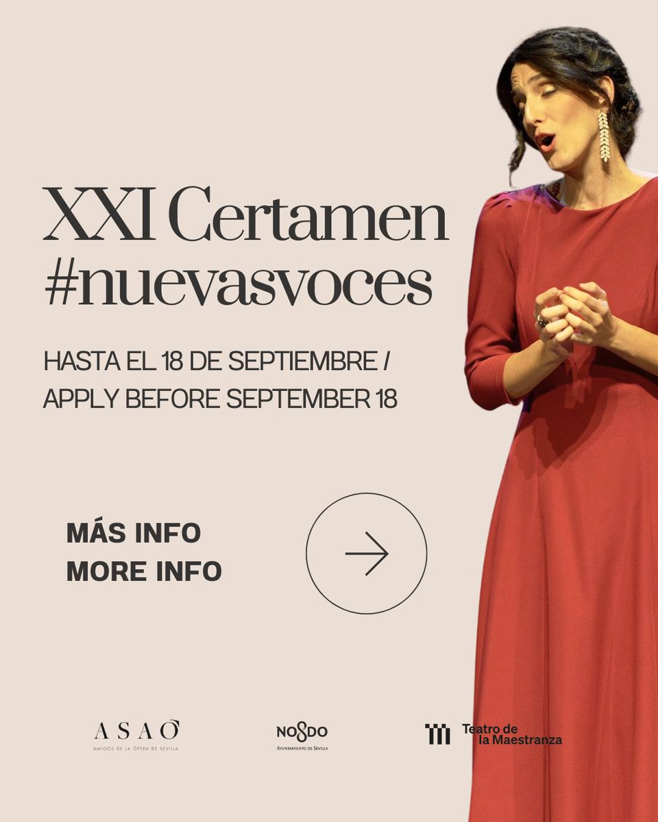 📣 ¡Última llamada! Hasta el 18 de septiembre puedes enviar tu candidatura para el XXI Certamen de Nuevas Voces Ciudad de Sevilla. 
_____

📣 Last call! Until September 18 you can apply for the XXI Certamen de Nuevas Voces Ciudad de Sevilla. 

👉 Info: asao.es