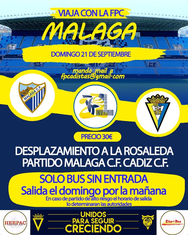 FPCadistas's tweet photo. MAREA AMARILLA ON TOUR quedan algunas plazas libres en el bus para Málaga 30€ persona, no está confirmado el horario de salida ya que lo determinará la reunión de seguridad https://t.co/a4FMX4E6fC