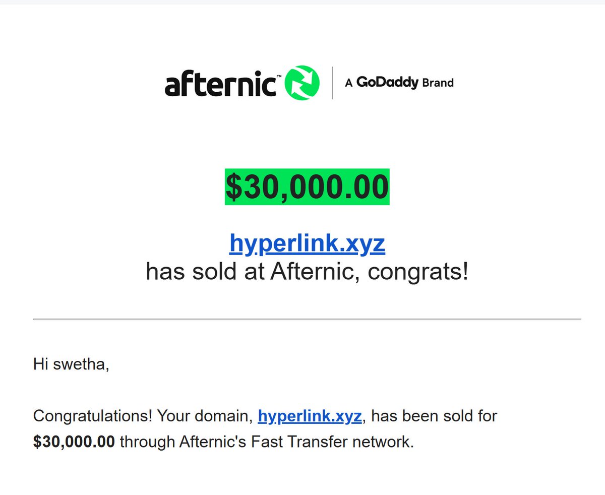 Hyperlink.xyz sold for $30000 <a href="/afternic/">Afternic</a> 
Congrats to the buyer and <a href="/afternic/">Afternic</a> 
<a href="/NameBio/">NameBio</a>