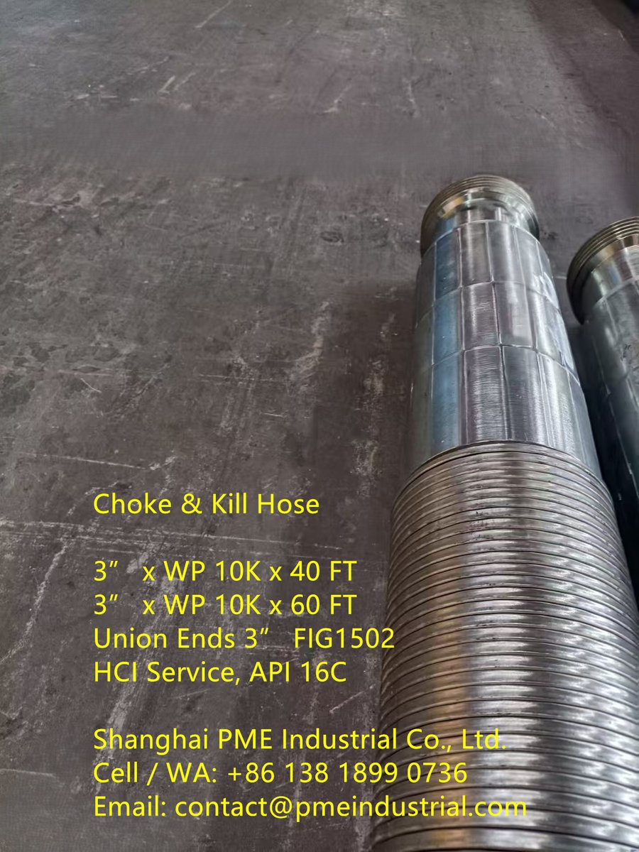 sh_pme's tweet image. Choke & Kill Hose, 3" FIG1502 MxF, WP 10K , HCI Service, API 16C
pmeindustrial.com/from-rig-to-ma…
Cell: +86 138 1899 0736
Email: contact@pmeindustrial.com
#ChokeKillHoseMiddleEast #PMEHose #API16CCertifiedHose #FIG1502HammerUnion #OilfieldEquipmentSupplierUAE #DrillingHoseSaudiArabia