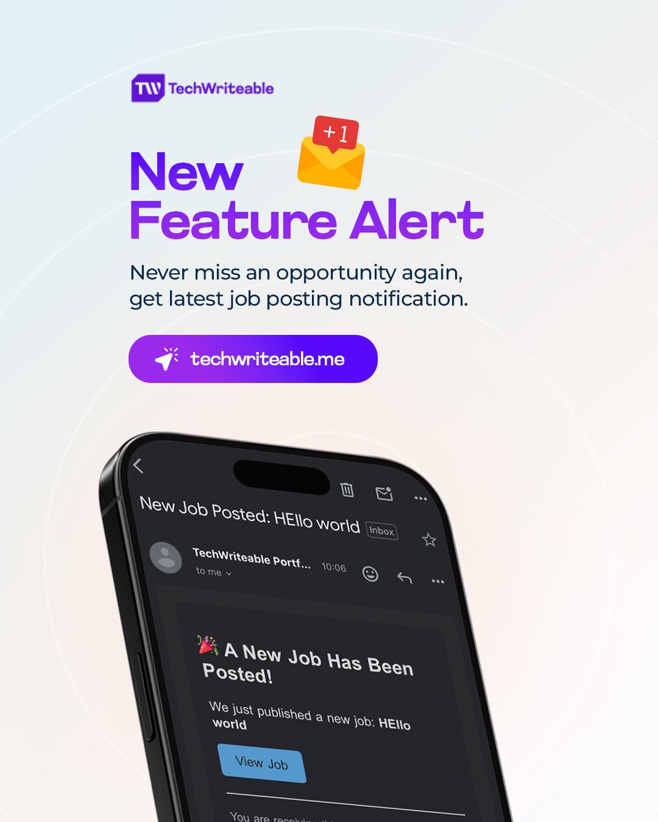 techwriteable's tweet image. 🚀 New Feature Alert!

👉 Stay on top of fresh, vetted opportunities.
👉 Be the first to apply.
👉 Build momentum in your content career.

Your dream job could be one email away.
 techwriteable.me

#ContentWriter
#FreelanceWriting 
#JobBoard 
#TechWriteable