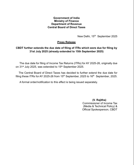 scconline_'s tweet image. CBDT extends the due date for filing ITRs for AY 2025-26 to 16th September 2025 ie. today, providing taxpayers with an additional day beyond the earlier extended deadline of 15th September 2025.

#CBDT #IncomeTax #ITRDeadline #AY202526 #TaxCompliance #TaxUpdate #IndiaTax #TaxLaw