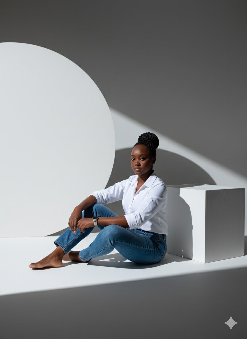 thepharmwriter's tweet photo. Studio photo:
“Edit my photo and create a lady in a folded up white button-down shirt and blue jeans, sitting on the floor in a minimalist studio setting. The woman is wearing a watch and her hair is styled in a bun. The composition is a medium shot, with the woman's gaze directed towards the camera. The background features a large white semicircular shape casting a dramatic shadow, and a white cube. The lighting is studio-style, with a strong spotlight illuminating the woman and creating a stark contrast between light and shadow. The overall style is clean, modern, and fashion-forward, with a focus on minimalism and high contrast. The color palette is limited to white, blue, and skin tones, contributing to the image's sophisticated aesthetic. The photograph should have a cinematic quality.”