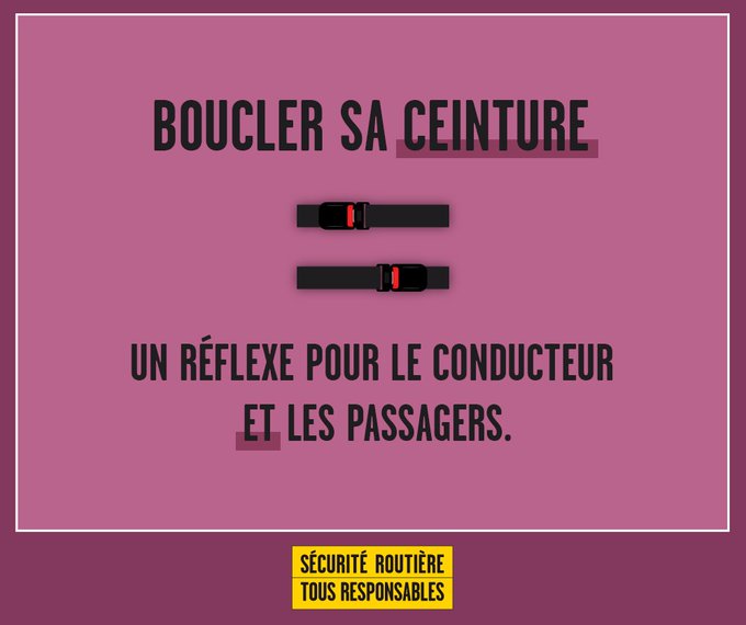 #MardiConseil | Quand on monte en voiture, à l'avant comme à l'arrière, attacher sa ceinture, c'est le premier geste à faire. 
La ceinture de sécurité sauve des vies. Mettez-la en toutes circonstances.