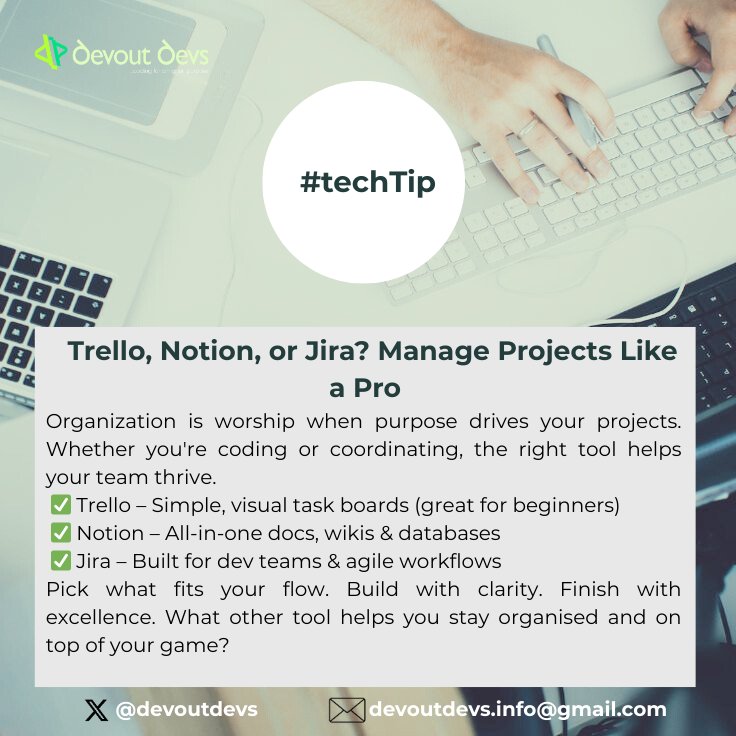 devoutdevs's tweet image. Choose the right tools for your projects 😉

#TechTipTuesday #DevoutDevs #FaithInTech #ProjectManagement #Trello #Notion #Jira #ChristianTechies #BuildWithOrder