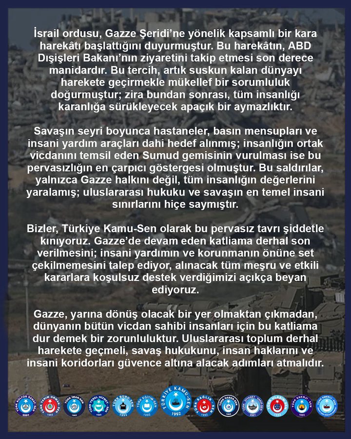 Logos of various organizations at the bottom, including Türkiye Kamu-Sen and others, arranged in a horizontal row. Text overlay in Turkish discussing Israel\'s military actions in Gaza and Türkiye Kamu-Sen\'s condemnation.