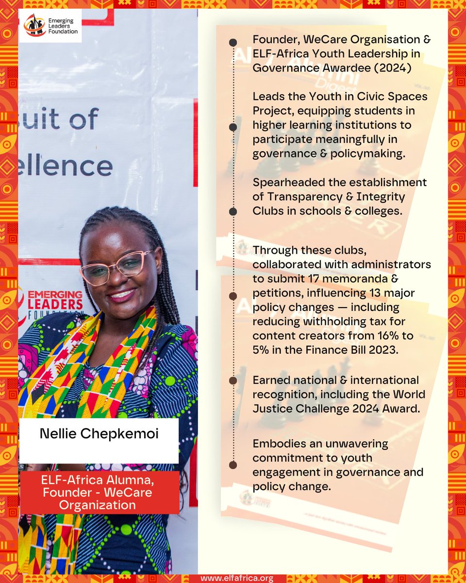 Meet <a href="/NellieChepkemoi/">Nellie Chepkemoi</a> , founder of <a href="/wecareorg/">We Care</a>  and winner of the ELF-AfricaYouth Leadership in Governance Award (2024). Through the Youth in Civic Spaces Project, Nellie has worked with young people to influence governance processess, spearheaded Transparency &amp; Integrity Clubs in