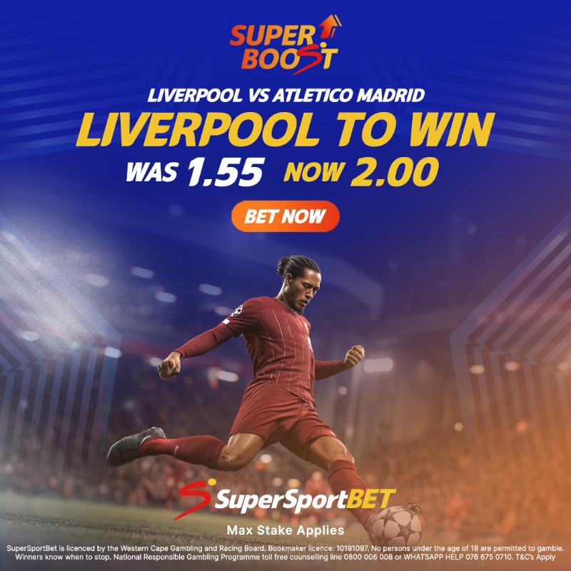 SuperSportBETza's tweet photo. We're backing Liverpool to win in their first 2025 #ChampionsLeague encounter against Atlético Madrid 💪

The odds are #SuperBoosted from 1.55 to 2.00 🤩

Click the image or visit 📲 https://t.co/iicduDOhBU to bet on the match. 

#ForTheFans | #SSFootball | #UCL