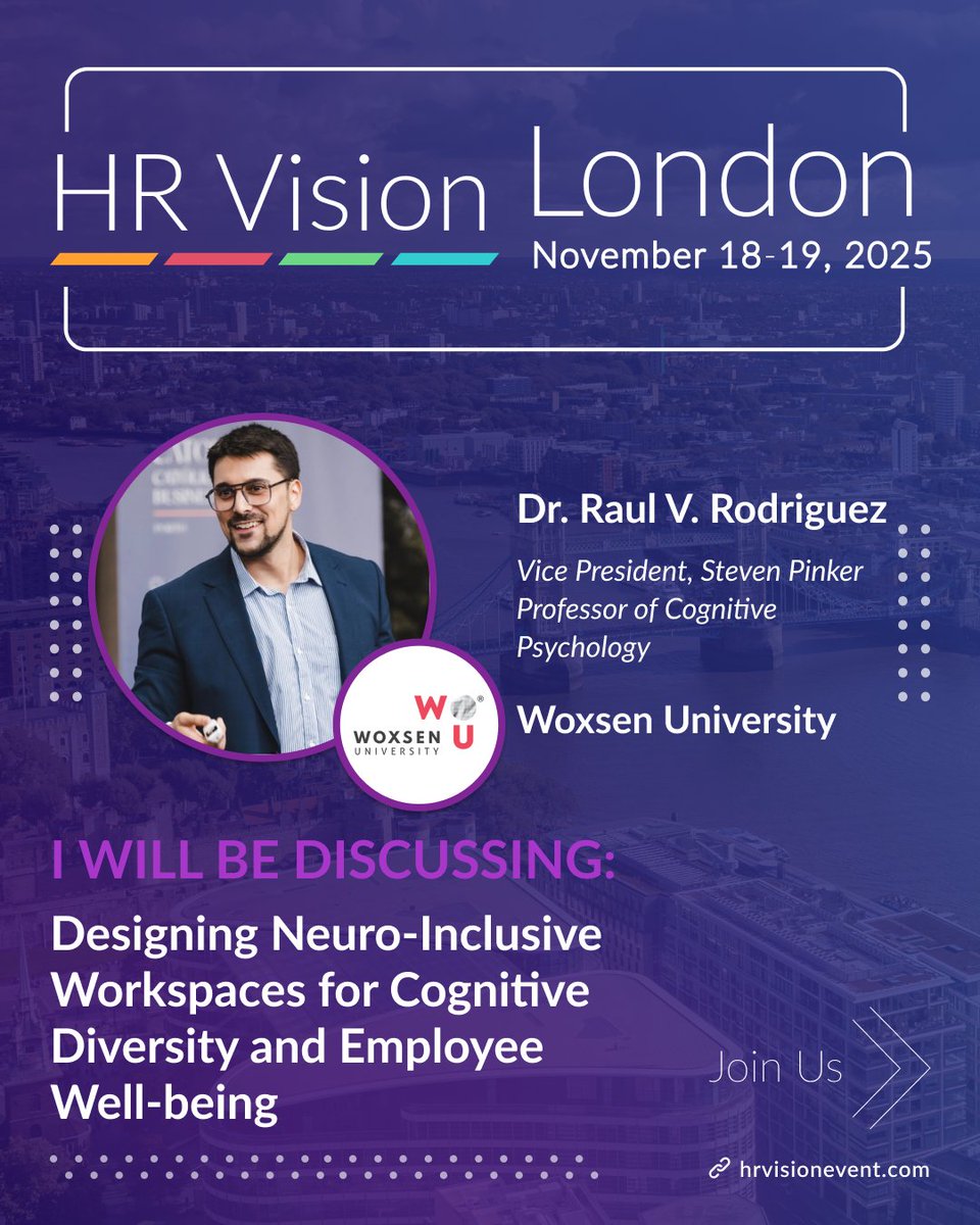 🚀 HR Vision London 2025 | November 18–19
We’re delighted to welcome Dr. Raul Villamarin Rodriguez, Vice President and Steven Pinker Professor of Cognitive Psychology at Woxsen University, to the stage!

His session:

“Designing Neuro-Inclusive Workspaces for Cognitive Diversity
