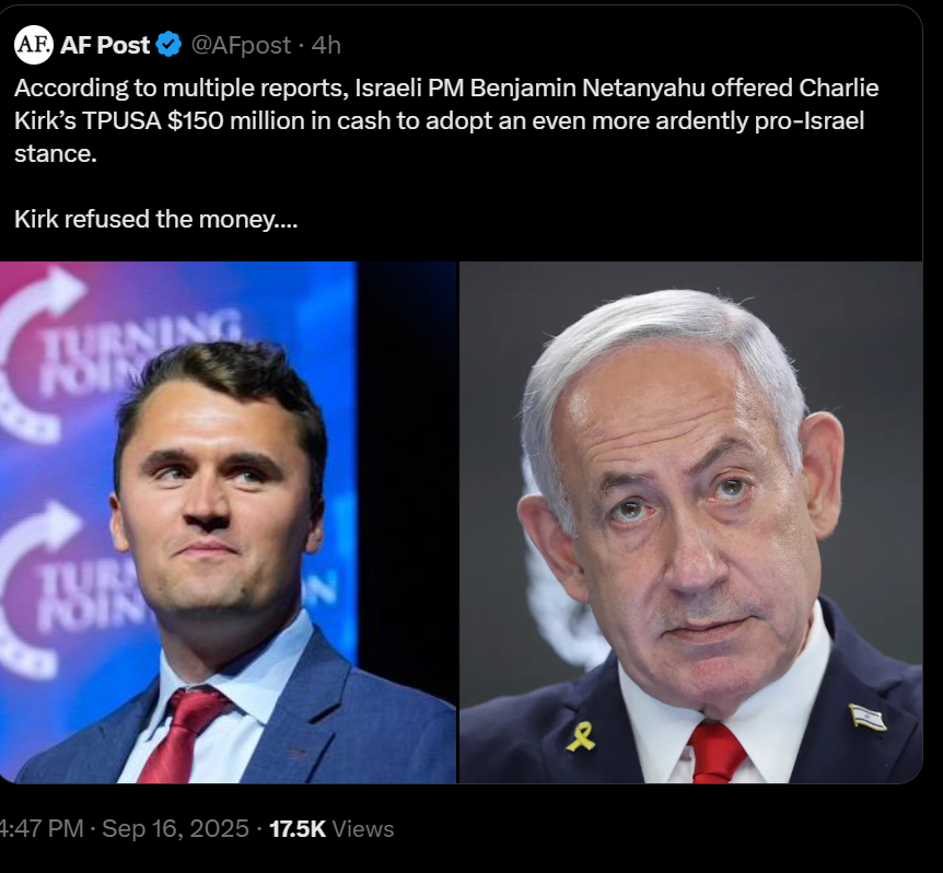 ❤️💛💚💙

Charlie Kirk refused $150 Million and now he's Dead.

Would you have done the same?