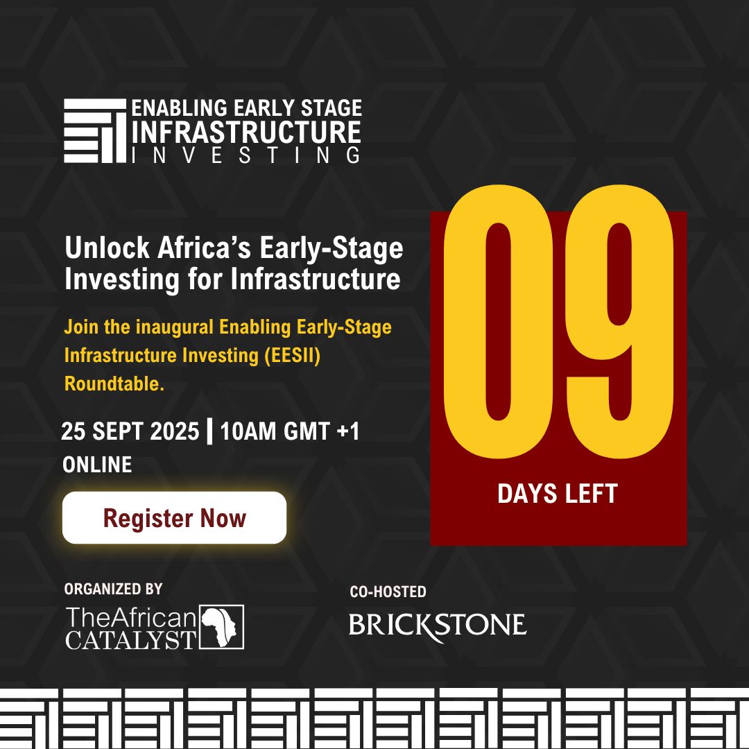 ⏳ 9 days to go!

Join the EESII Roundtable on 25 Sept 2025 (online via Teams).

💡 Panel: Unlocking early-stage capital
💡 InfraPitch: 4 transformative AUDA–NEPAD projects
💡 Real-time feedback + networking

🗓 25 Sept | 10 AM GMT+1
👉 Register FREE: theafricancatalyst.com/infrastructure…