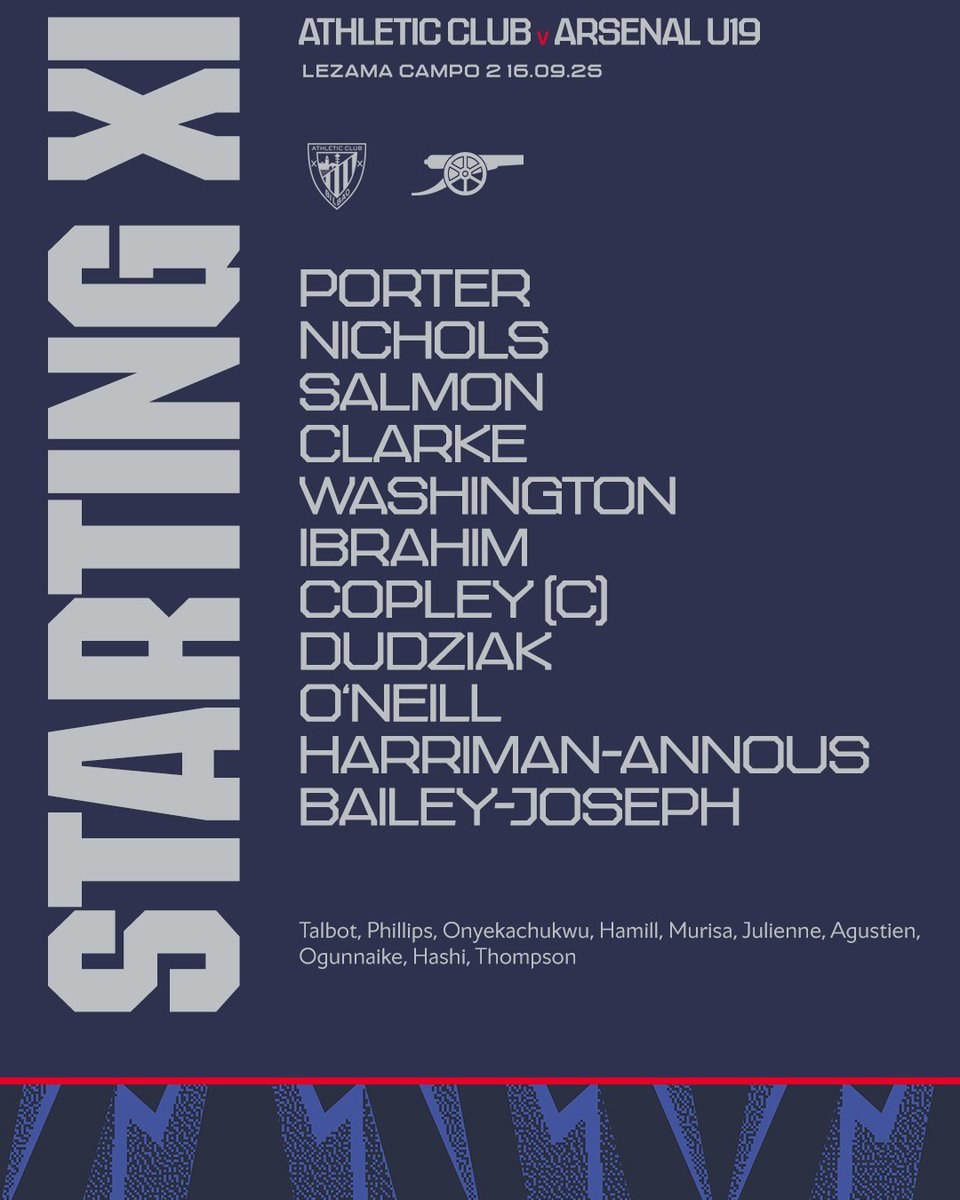 🔵 𝗧𝗘𝗔𝗠 𝙉𝙀𝙒𝙎 🩶

💪 Salmon and Clarke at the back
⚓ Ibrahim anchors the midfield
⚡ O'Neill on the wing

Let's do this, Gunners!

#AFCU19 | #UYL