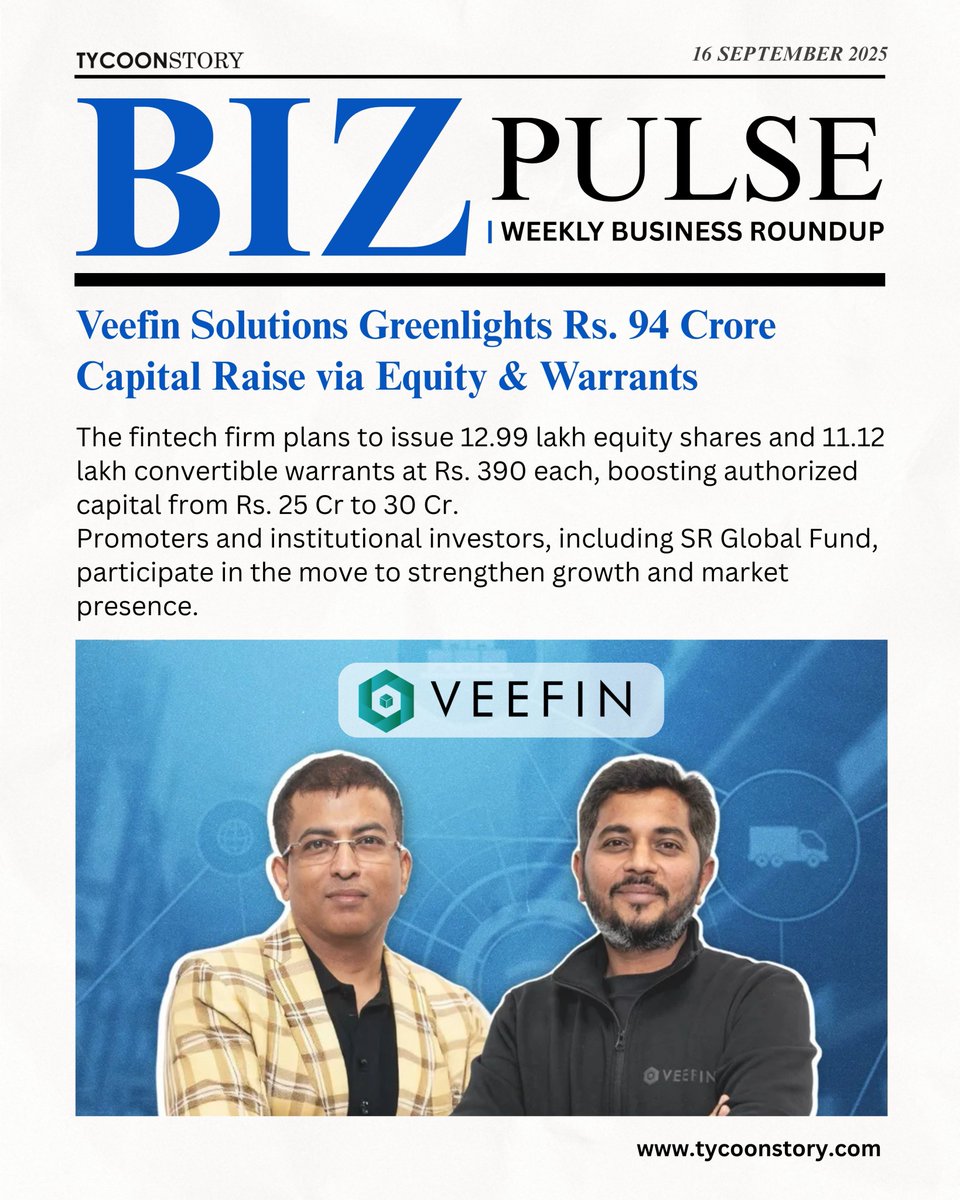 TycoonStoryCo's tweet photo. 🚀 Veefin Solutions Raises Rs. 94 Cr!

📌 Equity Shares: 12.99 Lakh @ Rs. 390 each
📌 Convertible Warrants: 11.12 Lakh @ Rs. 390 each
📌 Authorized Capital: Rs. 25 Cr → Rs. 30 Cr

https://t.co/ZRjBOSKXFh

#veefinsolutions #fintech #capitalraise #equity #warrants #investmentnews https://t.co/0eGLPYpu1e