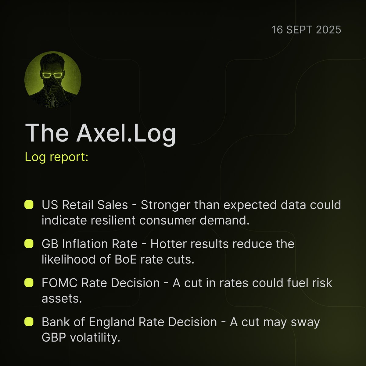 The Axel.Log — 09.16.25

Rate decision is the main thing this week, be ready for volatility.

🟢 US Retail Sales (Sep 16) - Stronger than expected data could indicate resilient consumer demand, potentially dialing back expectations for aggressive Fed easing. 
🟢 GB Inflation Rate
