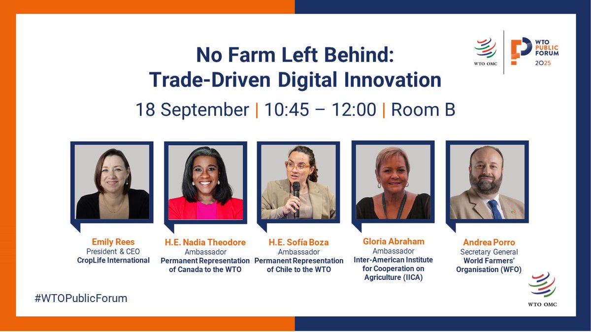 CropLife International is pleased to invite you to a panel discussion on the critical role of trade in advancing digital innovation, taking place as part of the #WTOPublicForum. 👇

● Date: Thursday, 18 September
● Time: 10:45 – 12:00
● Venue: <a href="/wto/">WTO</a> (Geneva) – Room B