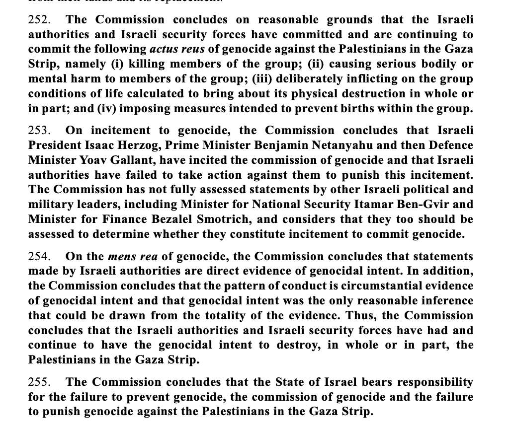owenjonesjourno's tweet photo. The UN Commission is very clear.

It concludes on reasonable grounds that the Israeli state is committing genocide.

That's because of the incitement of genocide, statements of intent, and the pattern of conduct.

https://t.co/Q9hiqunNEl https://t.co/zbKFv0137e