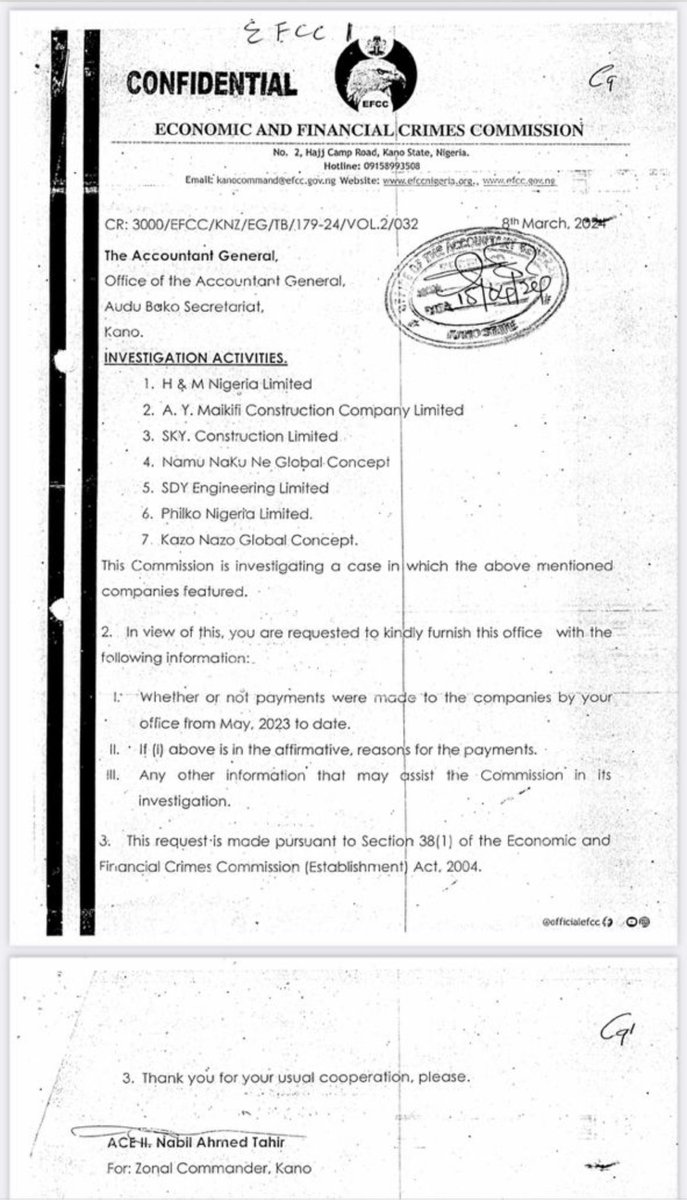 This is the summons letter that the EFCC sent to the Kano State Accountant General, Abdulkadir Abdulsalam (not Attorney General as I mistakenly said earlier), before he became Commissioner for Rural Development, for him to explain the scandal of funds that got his approval before