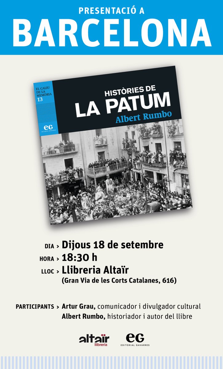 💙🖤 Aquest dijous les 'Històries de la Patum' retrunyiran amb força al #FòrumAltaïr de la llibreria <a href="/altairviatges/">Altaïr</a>. L'autor del llibre, l'Albert Rumbo, estarà acompanyat pel comunicador i divulgador cultural, <a href="/ArturGrau/">Artur Grau</a>. Us hi esperem!