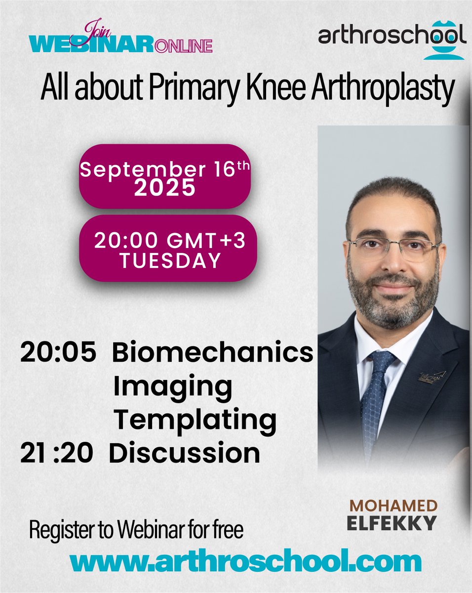arthroschool's tweet photo. Join us today for the webinar on "All about Primary Knee Arthroplasty" with esteemed faculty Mohamed Elfekky speaking about 'Biomechanics Imaging Template'.

The webinar is free to register. 

Registration Link: https://t.co/5EPIOpCGB3 https://t.co/QY2Dx6iLn7
