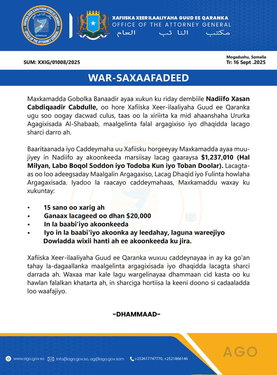 Muqdisho, Talaado, Sebteembar, 16, 2025
WAR-SAXAAFADEED.