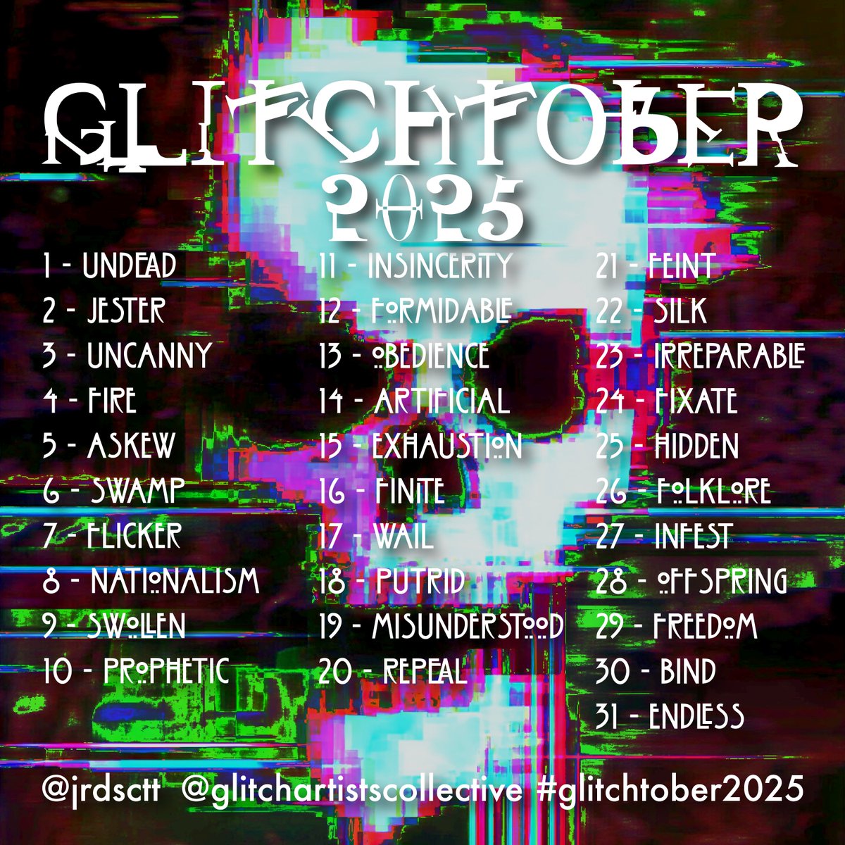 Glitchtober is coming! 👾 🎃

This October, Glitch haunts a new realm by partnering with objkt to possess the blockchain 👻 ☠️ 👻

Founded in 2018 by <a href="/jrdsctt/">jrdsctt 💀</a> as a glitchy alternative to Inktober, it’s grown into a global celebration of creativity and the beauty of the “broken”.