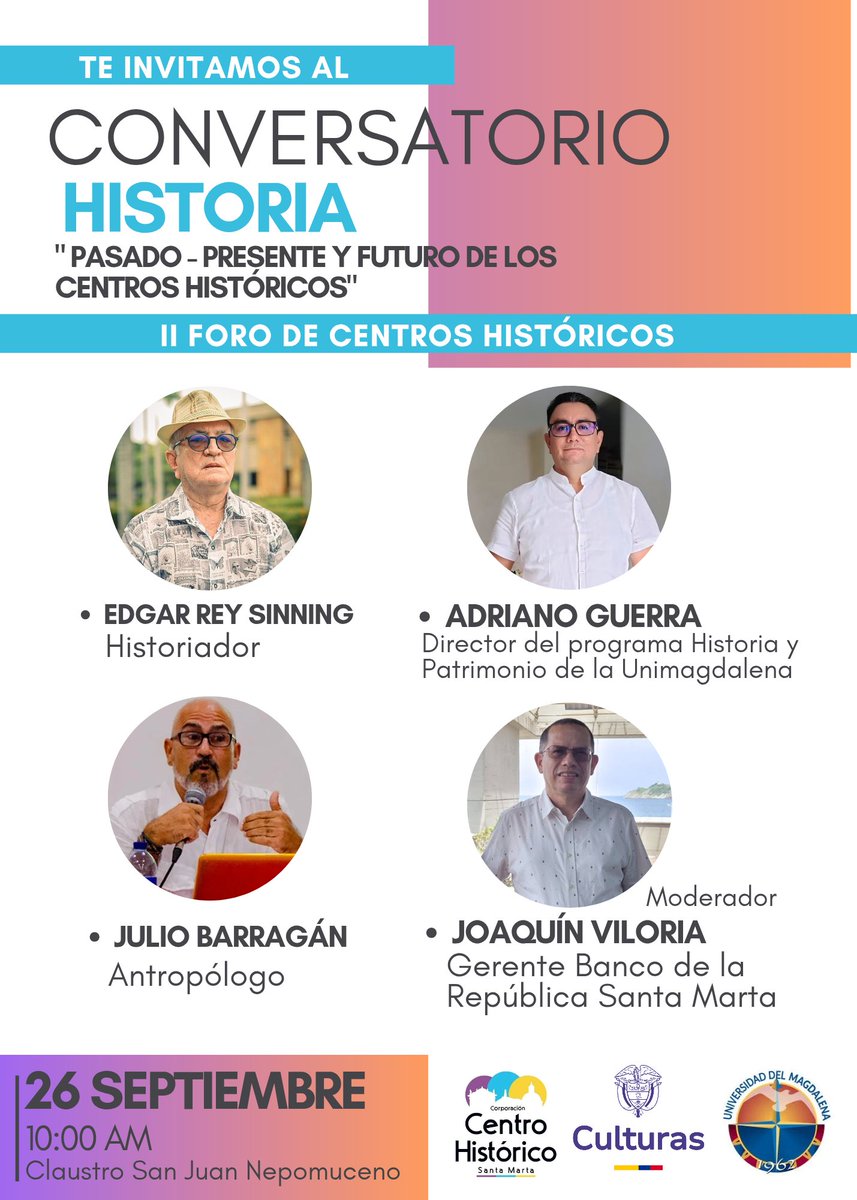 Este 26 de Septiembre la cita es en el II Foro de Centros Históricos, un conversatorio único donde hablaremos de la proyección que queremos para la sostenibilidad de los CH.  Lugar: Claustro San Juan Nepomuceno <a href="/mincultura/">MinCultura Colombia</a> <a href="/unim/">minu joydi</a>
