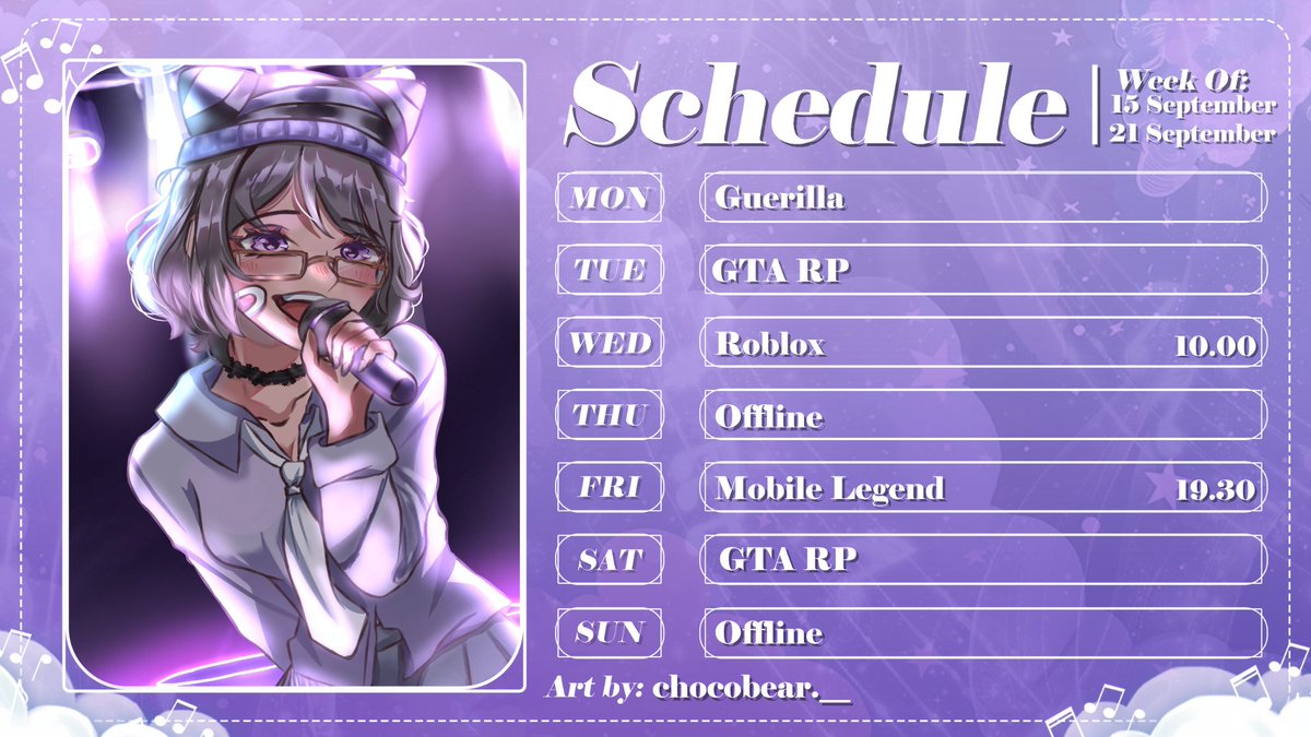✨ WEEKLY SCHEDULE ✨

horee schedule sudah hadir kembali, mari kita main mole dan menjadi bocil roblox

Fan Name : Ellunatic
General : #ViolaEllie
Live : #HidupEllie 
Art : #Doodllie
Clip : #Clliep

#Vtuber #VTuberUprising  #VtuberID #VtuberIndonesia
