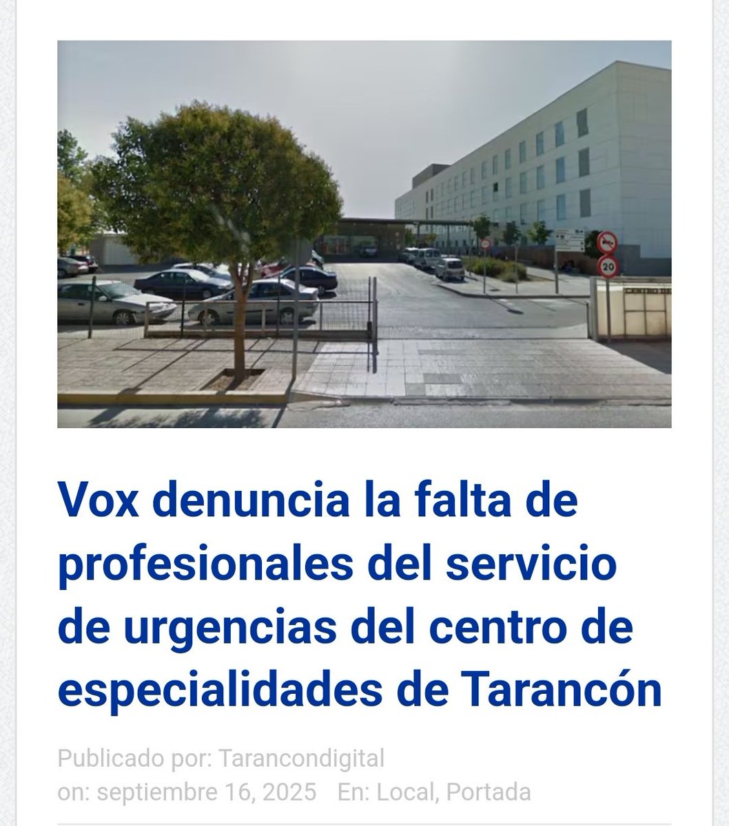 ‼️Hola <a href="/garciapage/">Emiliano García-Page</a> 👇🏻

🟢🟢 Vox denuncia la falta de profesionales del servicio de urgencias del centro de especialidades de Tarancón (Cuenca).

➡️ Un auténtico atentado al derecho a la atención sanitaria recogido en el artículo 43 de la CE.

tarancondigital.es/vox-denuncia-l…