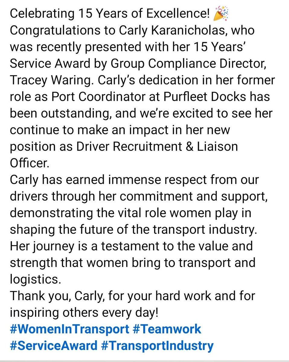Celebrating 15 Years of Excellence! 🎉
Congratulations to Carly Karanicholas, who was recently presented with her 15 Years’ Service Award by Group Compliance Director, Tracey Waring. #WomenInTransport #Teamwork #ServiceAward #TransportIndustry