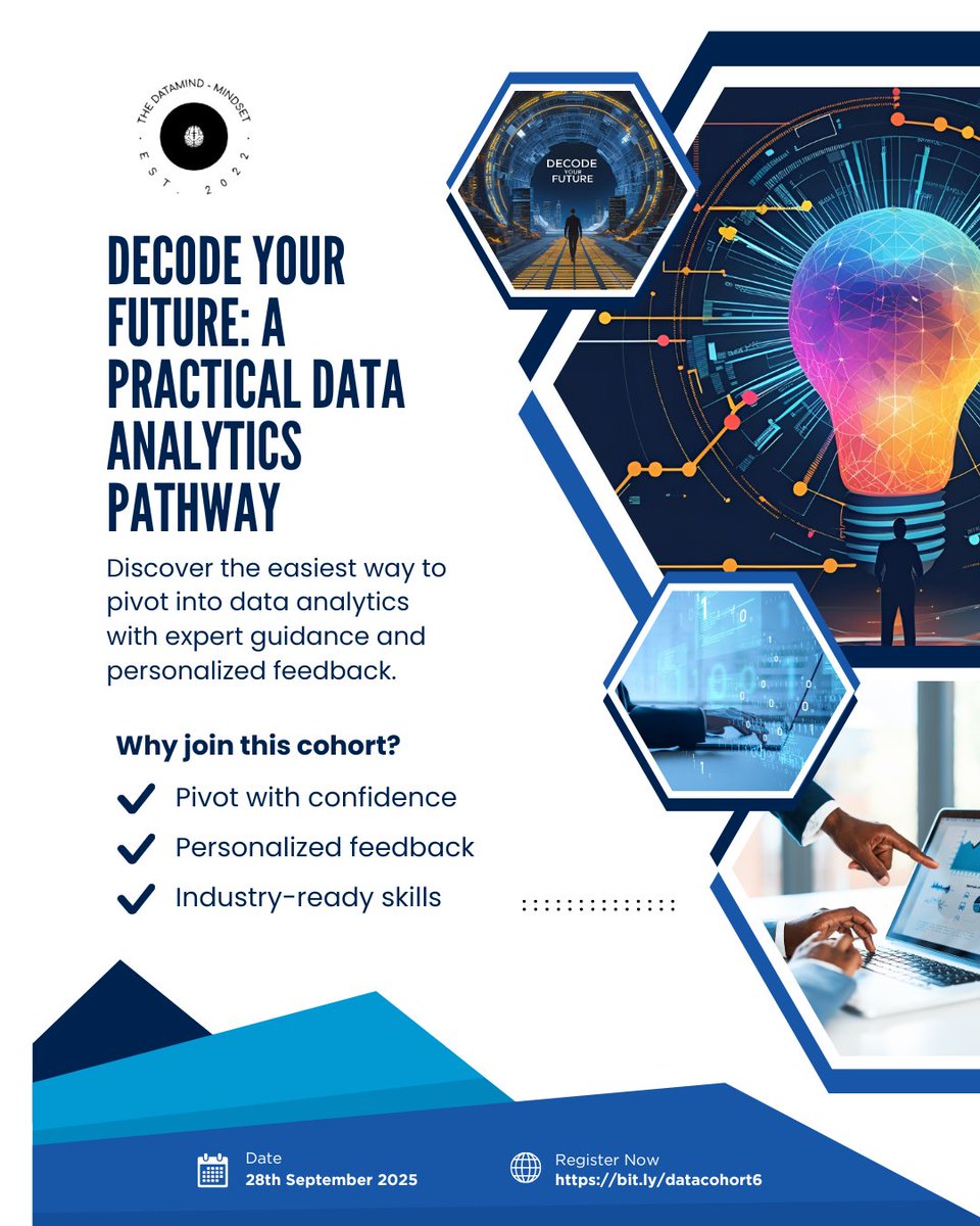 Thedata_mindset's tweet image. Stuck between “I have the skills” and “How do I land the job”? 

Our Decode Your Future: Data Analytics Pathway bridges the gap with expert guidance + personalized feedback.

Starts 28th Sept 2025
Register now: bit.ly/datacohort6

#DataAnalytics #CareerGrowth #FutureOfWork