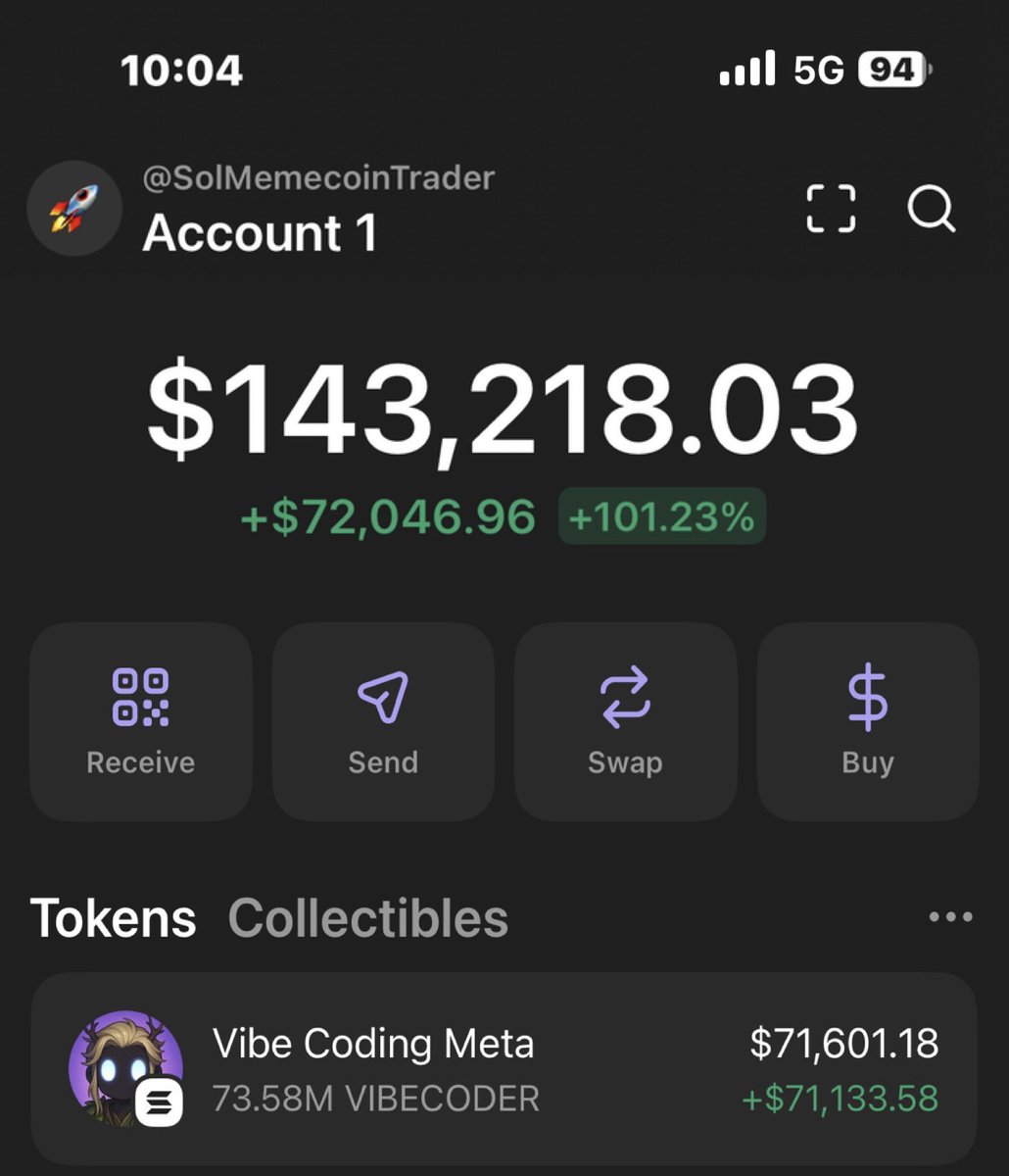 sol_memecoin_T's tweet image. #VIBECODER is skyrocketing 🚀🚀 printing massive profits on my alpha telegram group 🚀💰💥
If you’re in my tg group your copy trade would have been on same profit as I am.
Ca: 7PzU4m13VqkdgWcserfBdxX4cAPQXaZuFNuKarnT1deV