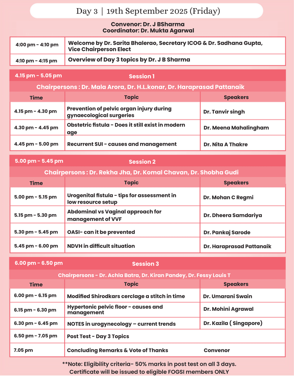 🎓✨ FOGSI ICOG Certificate Course on Urogynaecology &amp; Pelvic Floor Surgery ✨🎓

📅 Wednesday 17th – Friday 19th September 2025
🕓 4:00 PM – 7:00 PM (IST)
💻 Zoom Meeting
🔑 ID: 819 4782 1930 | Passcode: 806786
🎖️ ICOG has awarded 10 Credit Points
Join this 3-day comprehensive