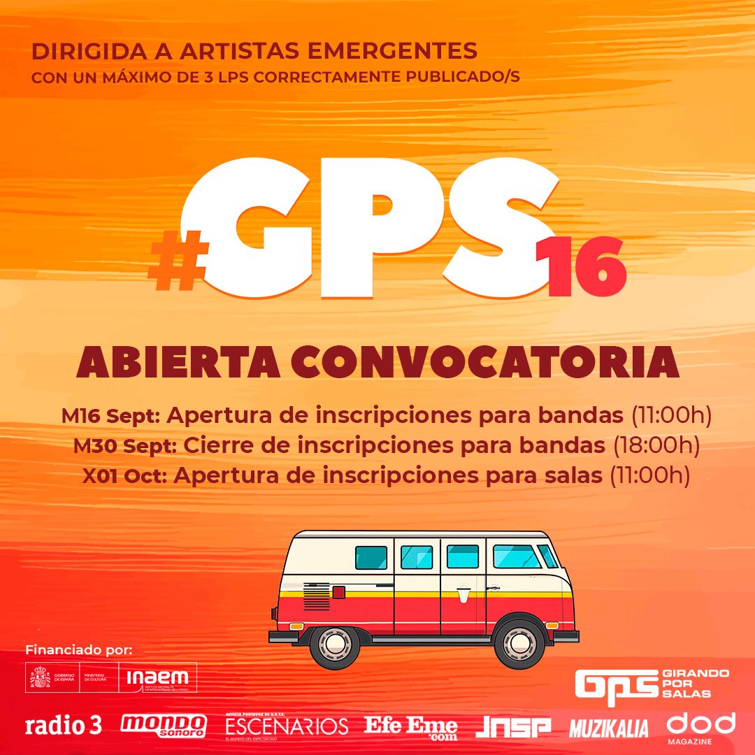 Desde hoy, 16 y hasta el 30 de septiembre (18h), estará abierta la convocatoria para artistas de la edición #GPS16 de Girando Por Salas, dirigida a bandas y solistas de todos los estilos actuales. 
Todo en girandoporsalas.com
#NosVemosEnLasSalas
#QuinceAñosGirando