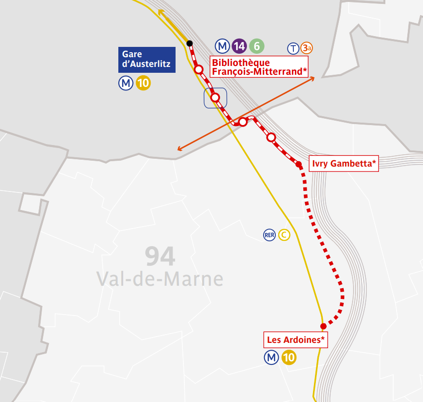 Affinons notre projet en OIN. Le prolongement est envisagé en 2 phases. Phase 1 (avant ~2031) : depuis Gare d’Austerlitz jusqu’à Ivry/place Gambetta, avec 5 stations nvles (3 à Paris, 2 à Ivry). Phase 2 (après ~2033) jusqu’à Vitry, ligne 15 du Grand Paris Express. <a href="/IDFmobilites/">IDF Mobilités</a>