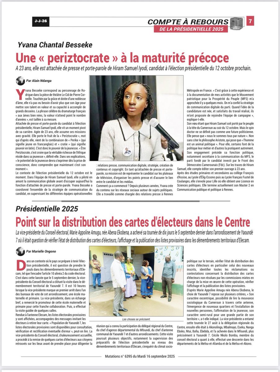 23 ans, porte-parole d’un candidat à la présidentielle : sans doute la plus jeune de cette élection, peut-être même de l’histoire du Cameroun.

L’âge ne détermine pas ton avancée mais te rappelle que c’est possible parce que d’autres l’ont fait.

Alors, dépose tes peurs, tes