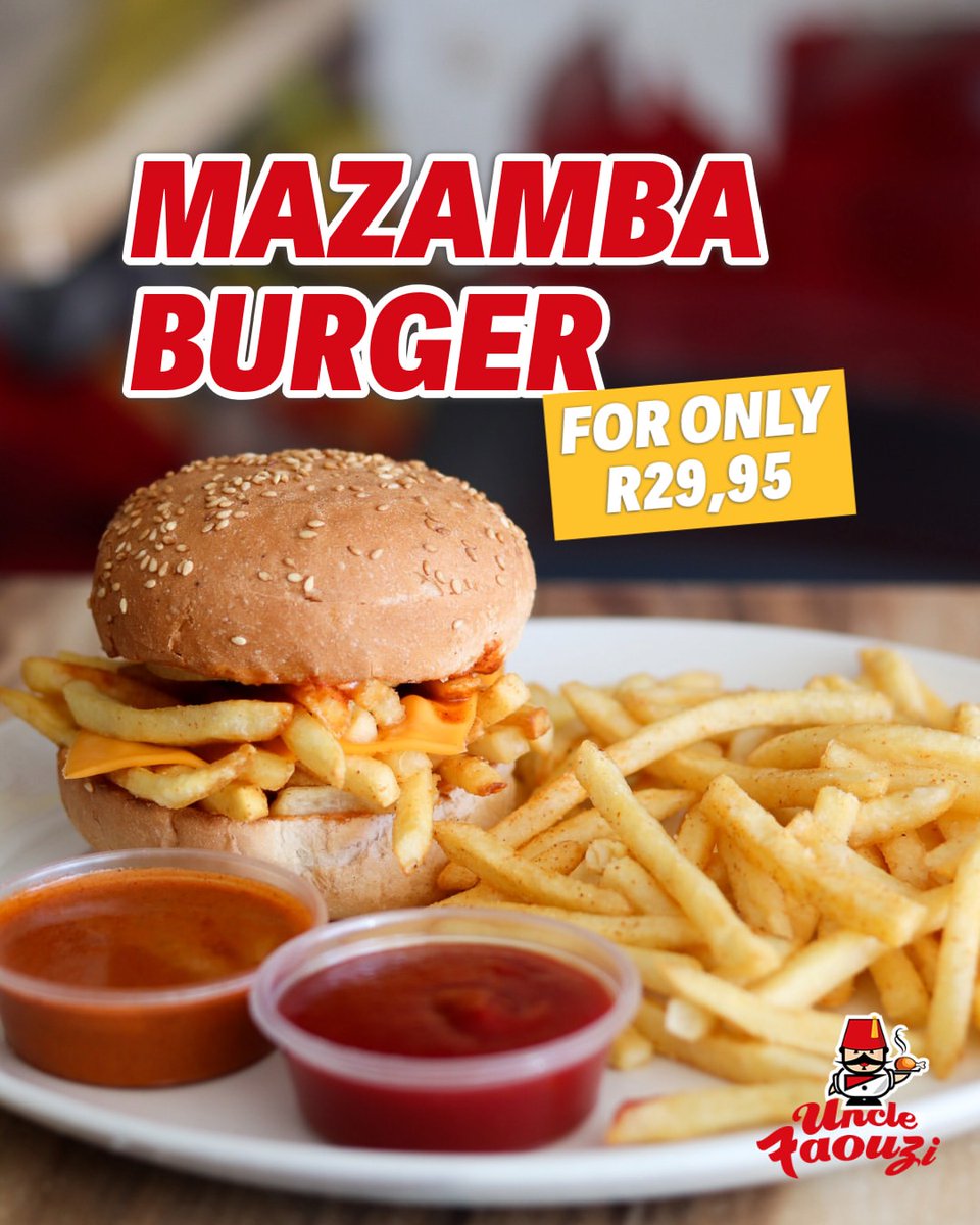 Melted cheese, crispy chips, and a price you’ll love. The Mazamba Burger, R29,95 at #unclefaouzi_za #ormonde. 🍔🔥

*Excludes side of chips