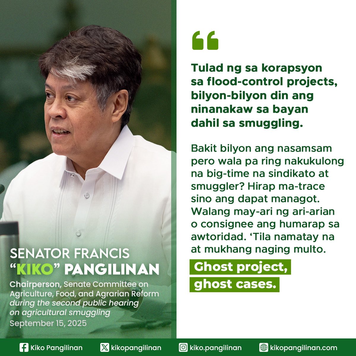 GHOST PROJECTS, GHOST CASES?

Sa flood control: ghost projects. Sa agri smuggling: ghost cases. Pareho ang modus — bilyon ang nawawala, pero walang nananagot.

Bilyon-bilyong smuggled goods ang nasasamsam, pero hanggang ngayon, wala pa ring nakakulong na big-time smuggler. Habang