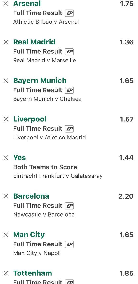 GambIingPro's tweet image. CHAMPIONS LEAGUE MEGA ACCA!🇪🇺🏆

60/1 🚀 | 🇪🇸🏴󠁧󠁢󠁥󠁮󠁧󠁿🇫🇷🇩🇪🇮🇹

If this lands, I’ll giveaway £200 to TWO people! Simply like this post &amp;amp; follow me✅