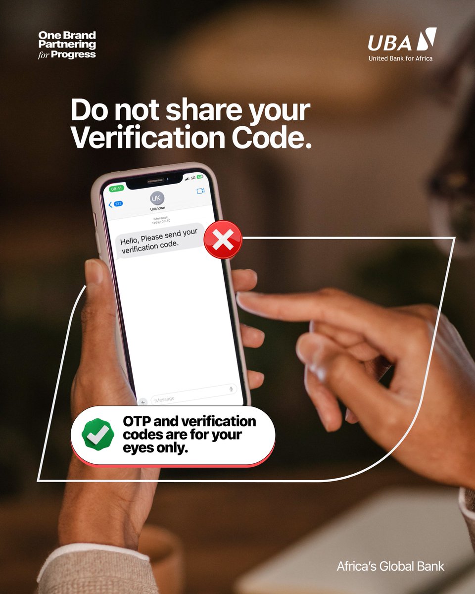 UBAUganda's tweet photo. π¨ ππππ¦ ππ₯ππ«π π¨
Your OTP & verification codes are for your eyes only π.
β Do NOT share them with anyone, not even someone claiming to be from the bank.
Stay alert. Stay secure. π
#ScamAlert #StaySafe #BankSecure https://t.co/FwgmGdG5Ik